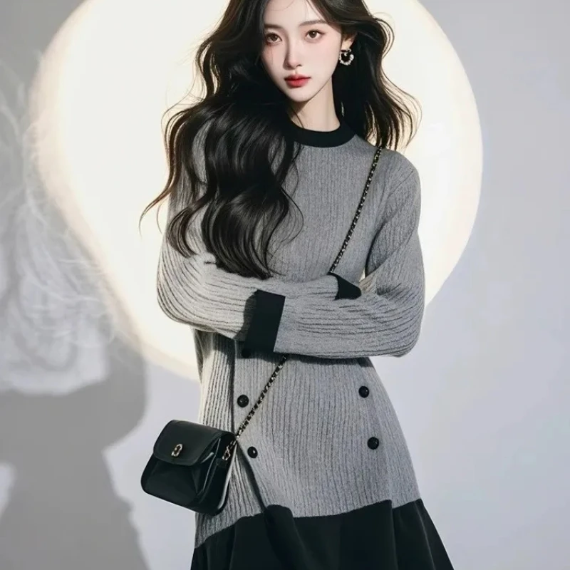 

Elegant Knit Dress With Double Button Front And Flared Hem For Women Autumn Winter Sweet Style Casual Wear