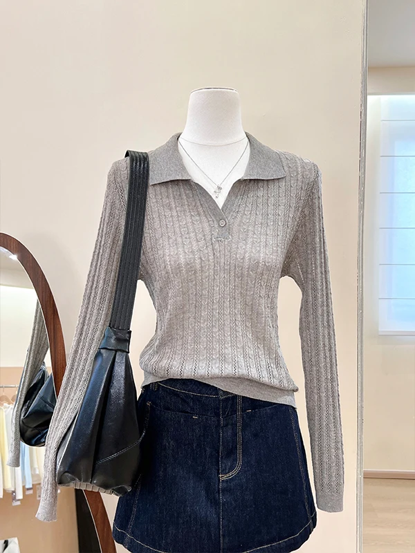 Offline Entity Lazy Style Women's Long Sleeve  Collar Knitted Shirt Autumn Versatile Slimming Top Money Wind