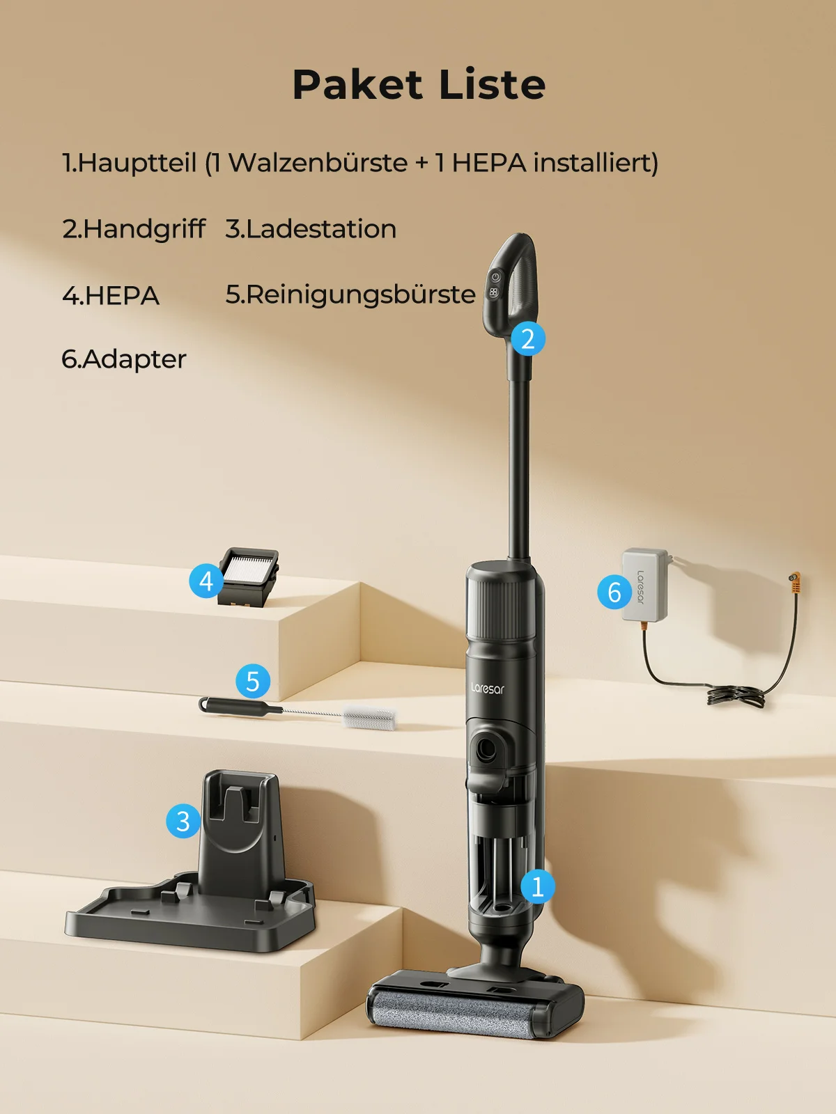 Laresar M3 Kabelloser Nass- und Trockensauger mit Wischfunktion, Randreinigungsdesign, 55 Minuten Laufzeit, automatische Saugkraftregelung, selbstreinigender Bodenreiniger, intelligentes Haushaltsgerät. – Detail 9