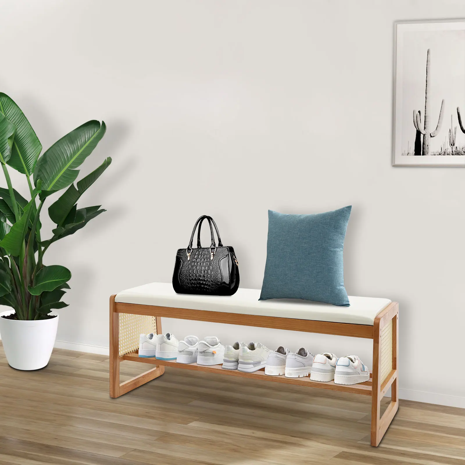 

Bamboo Shoe Bench, Shoe Storage Bench with Padded Seat, Entryway Shoe Rack, Indoor Accent Seating Bench 39.3* 13.77* 15.74in