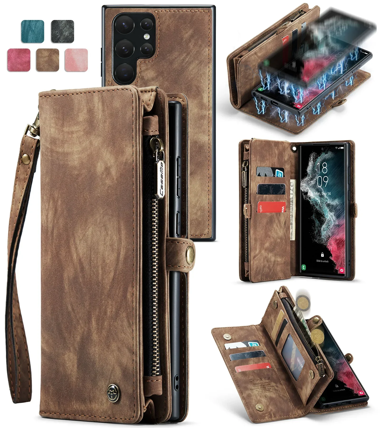 

Чехол для телефона Samsung Note20 S22 S23 S24 Ultra Съемный кожаный чехол-книжка с магнитной молнией и раскладывающимся чехлом для телефона Galaxy S20 S21 Fe Plu