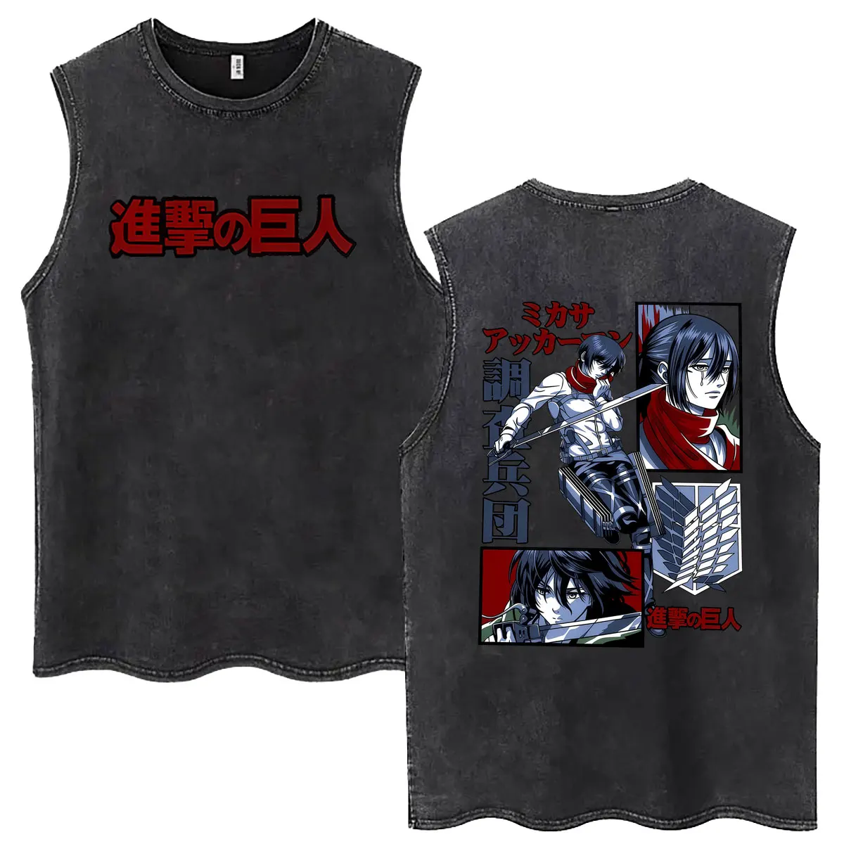 

Anime Attack on Titan Mikasa Ackerman Vintage Washed Tank Tops Men Women Manga Oversized Sleeveless T Shirts Cartoon Streetwear