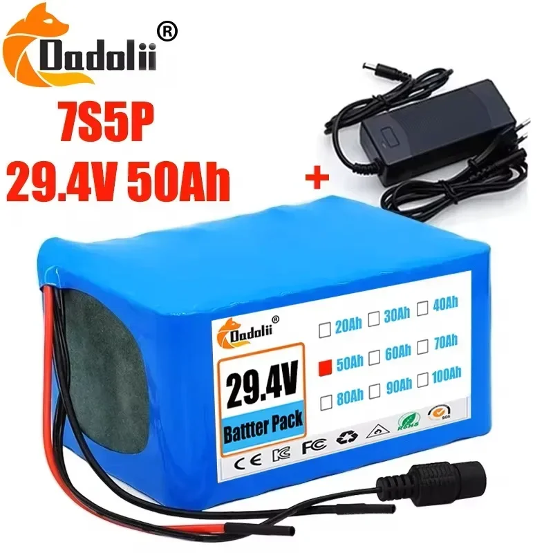 

7S5P 18650 Lithium Battery Pack 24V 50Ah 15A BMS 500W 29.4V 50000mAh for Wheelchair Electric Vehicle Plus 2A Charger