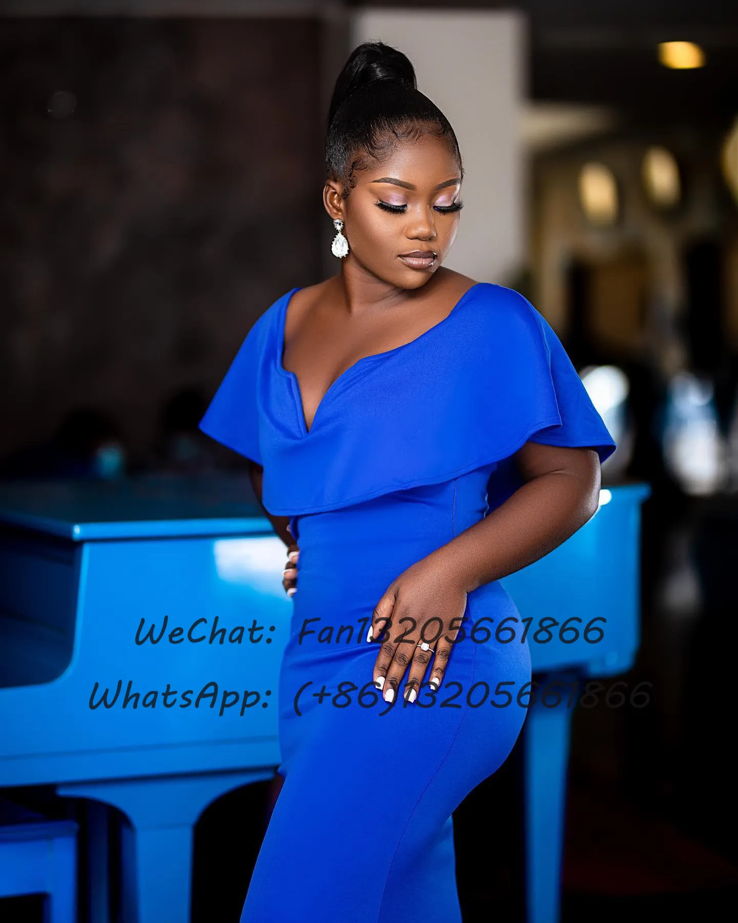 Royal Blue Mermaid Bridesmaid Dresses Floor Length V-neck Cap Sleeve Formal Wedding Party Dress African Nigerian Evening Gown