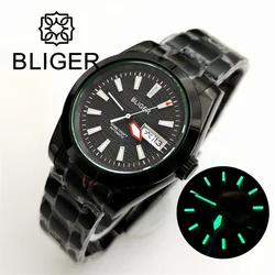 BLIGER 39mm Watch For Men NH36 Movement Black Case Green Chapter Sapphire Glass  Week Display Green Luminous