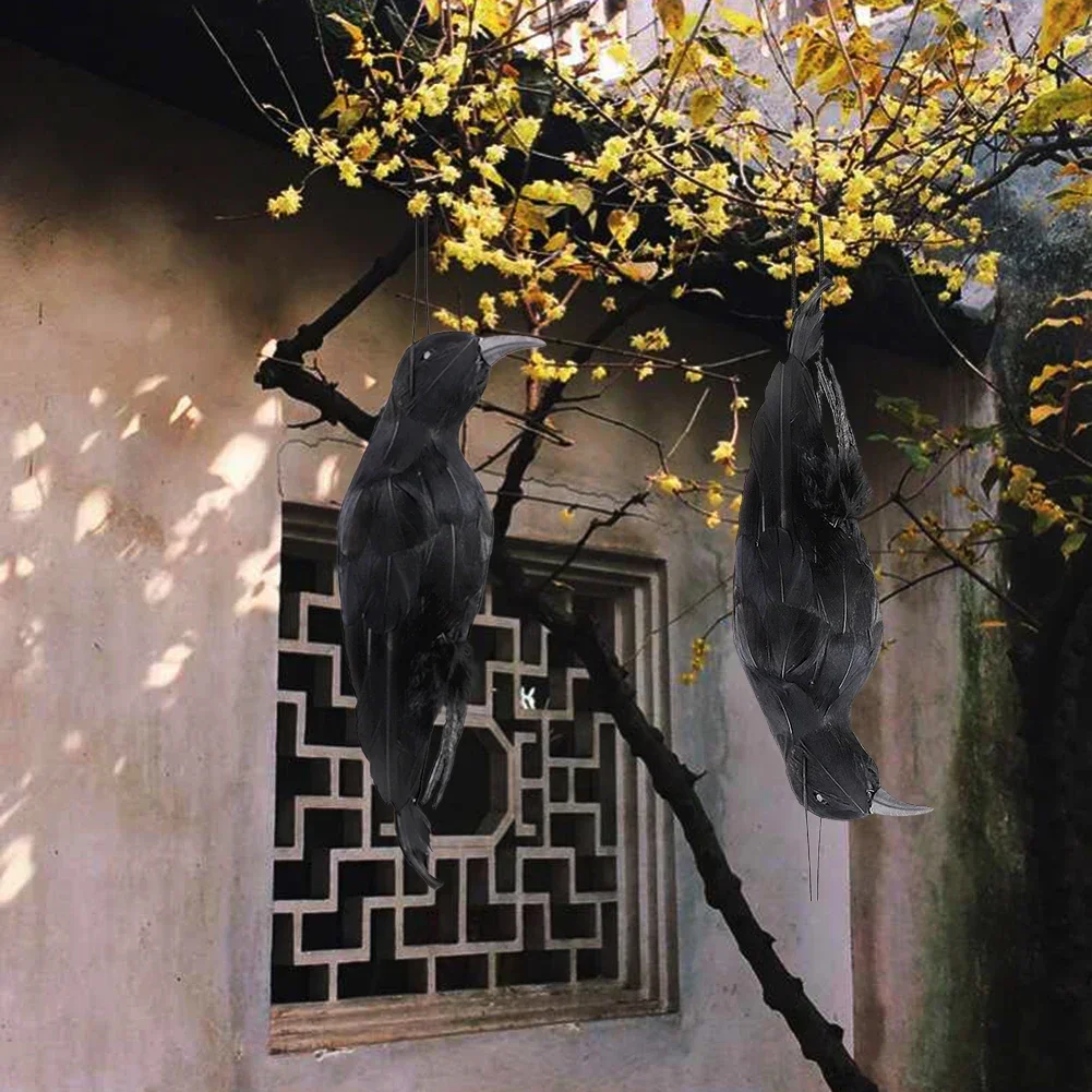 Stimulated Realistic Hanging Crow Black Feathered Bird Halloween Bar Ornaments Scary Prop Outdoor Scarecrow Garden Yard Decor