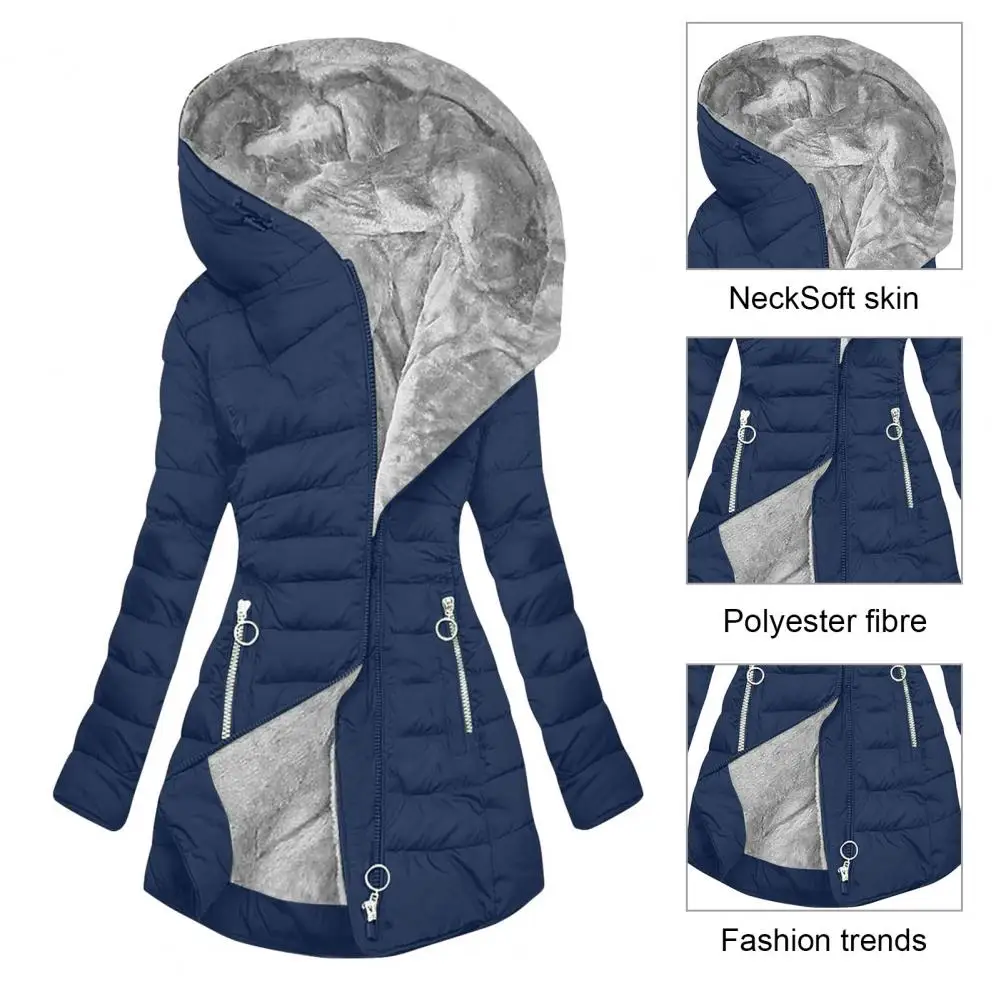 Thicken Women Winter Jacket Padded Plush Lining Padded Zipper Mid Length Hooded Outerwear Warm Down Coat