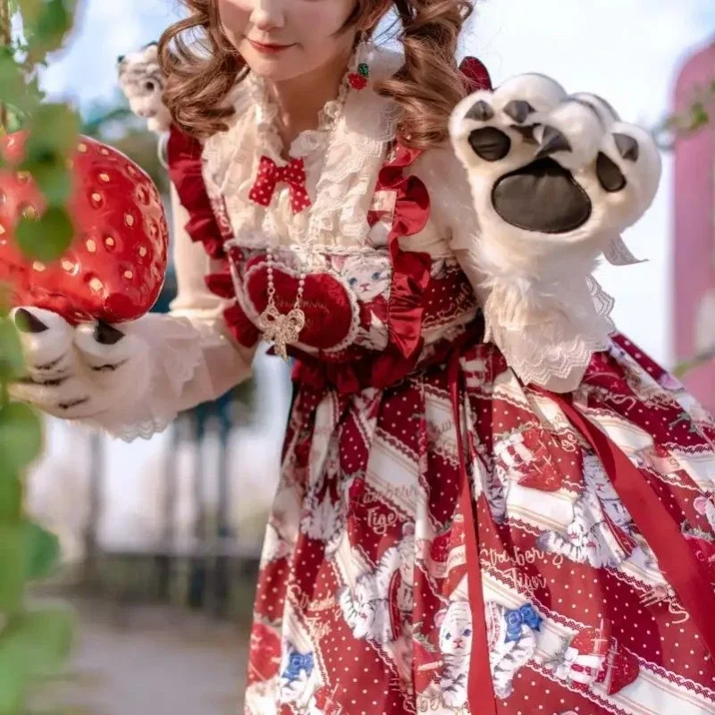 Милое платье Jsk в стиле Лолиты, женское платье с принтом медведя и оборками, клубничное платье, женское милое мини-платье без рукавов, весна 2023 г.