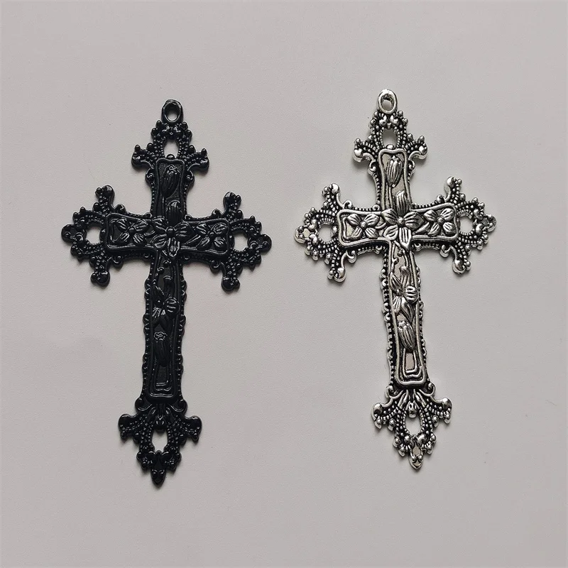 3pcs Black Color 74x53mm Large Cross With Flower Charms Religion Faith Pendant Fit DIY Handmade Jewelry Making Finding Supplies