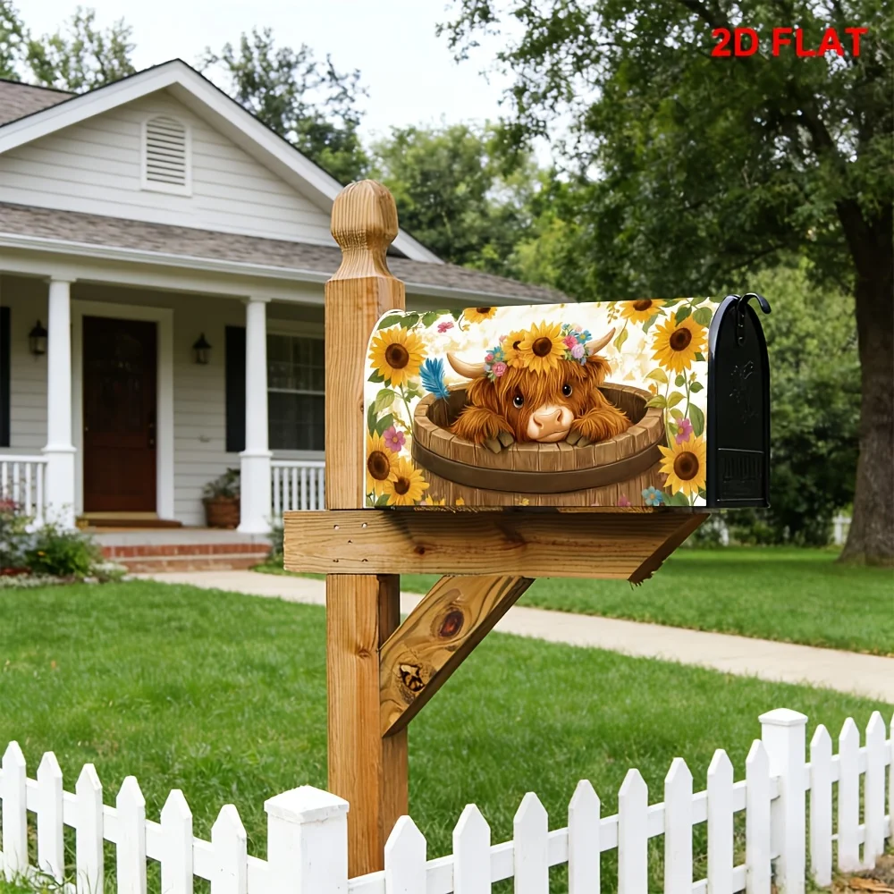1pc Highland cow and sunflower themed mailbox cover, suitable for outdoor mailbox decoration for daily use, yards and gardens