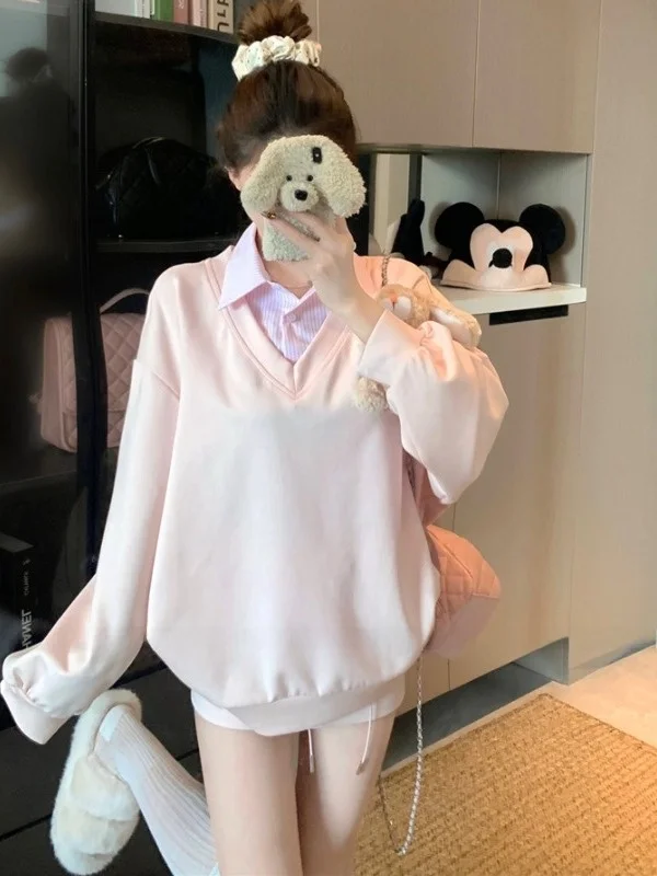 

Pink Sweetish Long Sleeve Thin Design Sense Hoodie with Drawstring A-Line Short Skirt Set Women Autumn Commute Korean Style L...