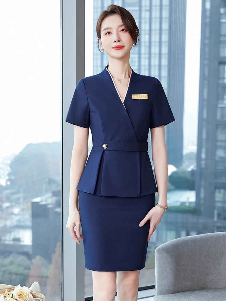 Elegant Short Sleeve Suit Set for Women Summer Professional Front Desk Workwear Jewelry Store Hotel Counter Uniform Polyester...