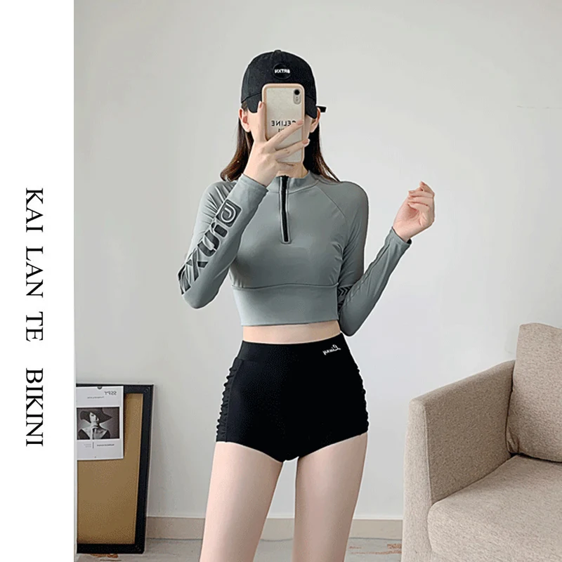 

Женский купальник-бикини с высокой талией и длинными рукавами, для термальных источников, с эффектом пуш-ап для небольшой груди, утягивающий живот