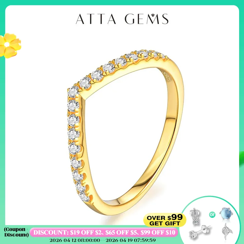 

ATTAGEMS Moissanite Diamond 18K Plated Rings Jewelry Moissanite Chevron Shared Prong Set Dainty Wedding Band with 1.5 MM Stones