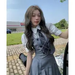 2026 summer new fashion women korea uniform style jk dress set vest short shirt pleated a-line skirt three pieces jk set