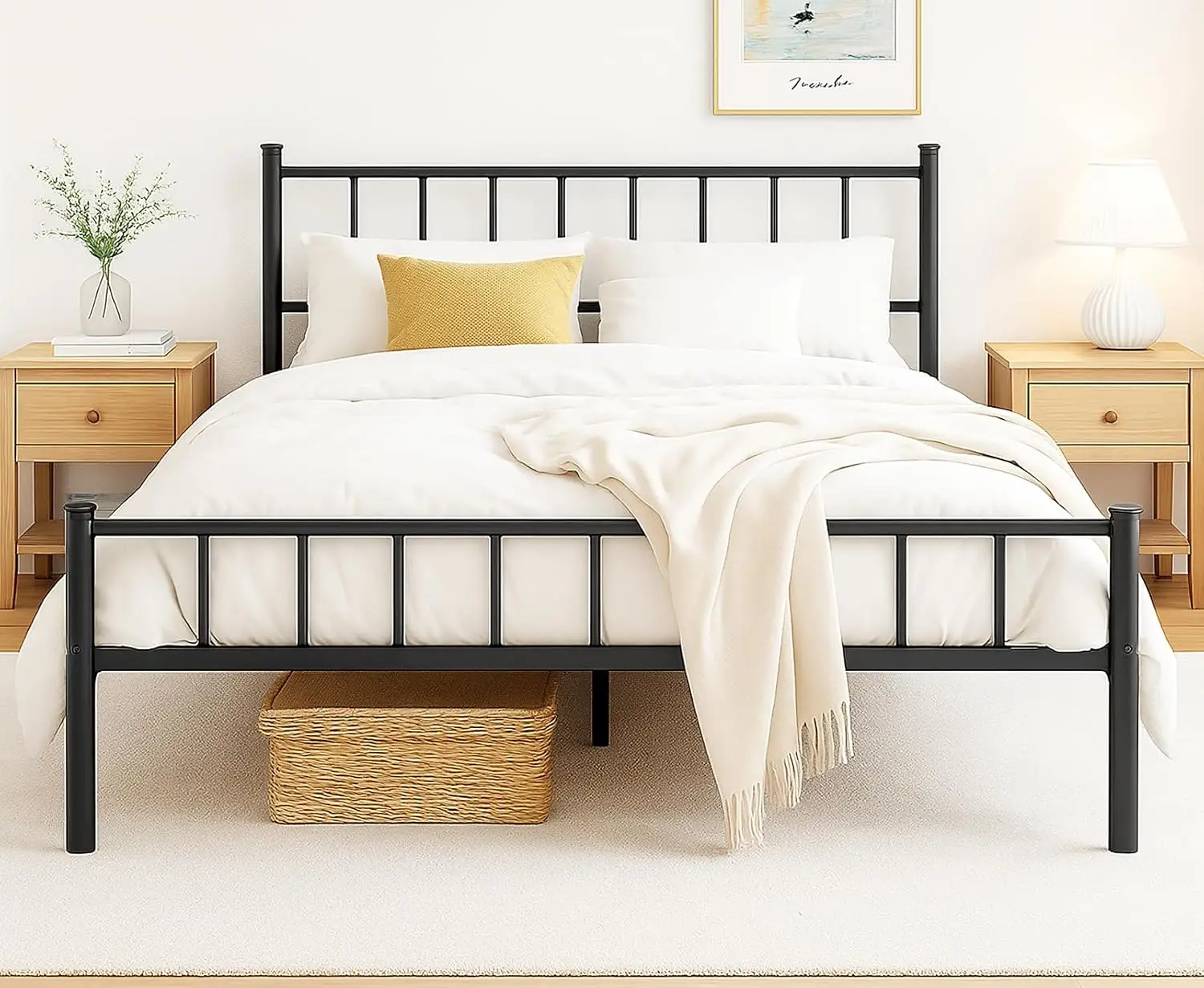 Queen Size Metal Bed Frame Featuring Headboard, Footboard, and Steel Slat Support