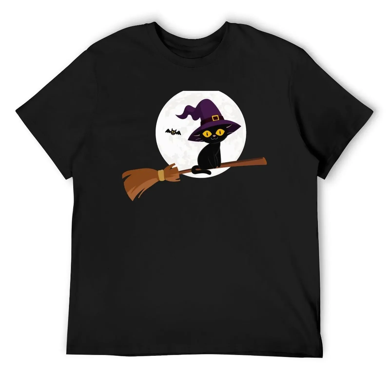Black Cat Flying on Witch Broom T-Shirt cheap stuff graphics shirts graphic tees oversized t shirts for men graphic
