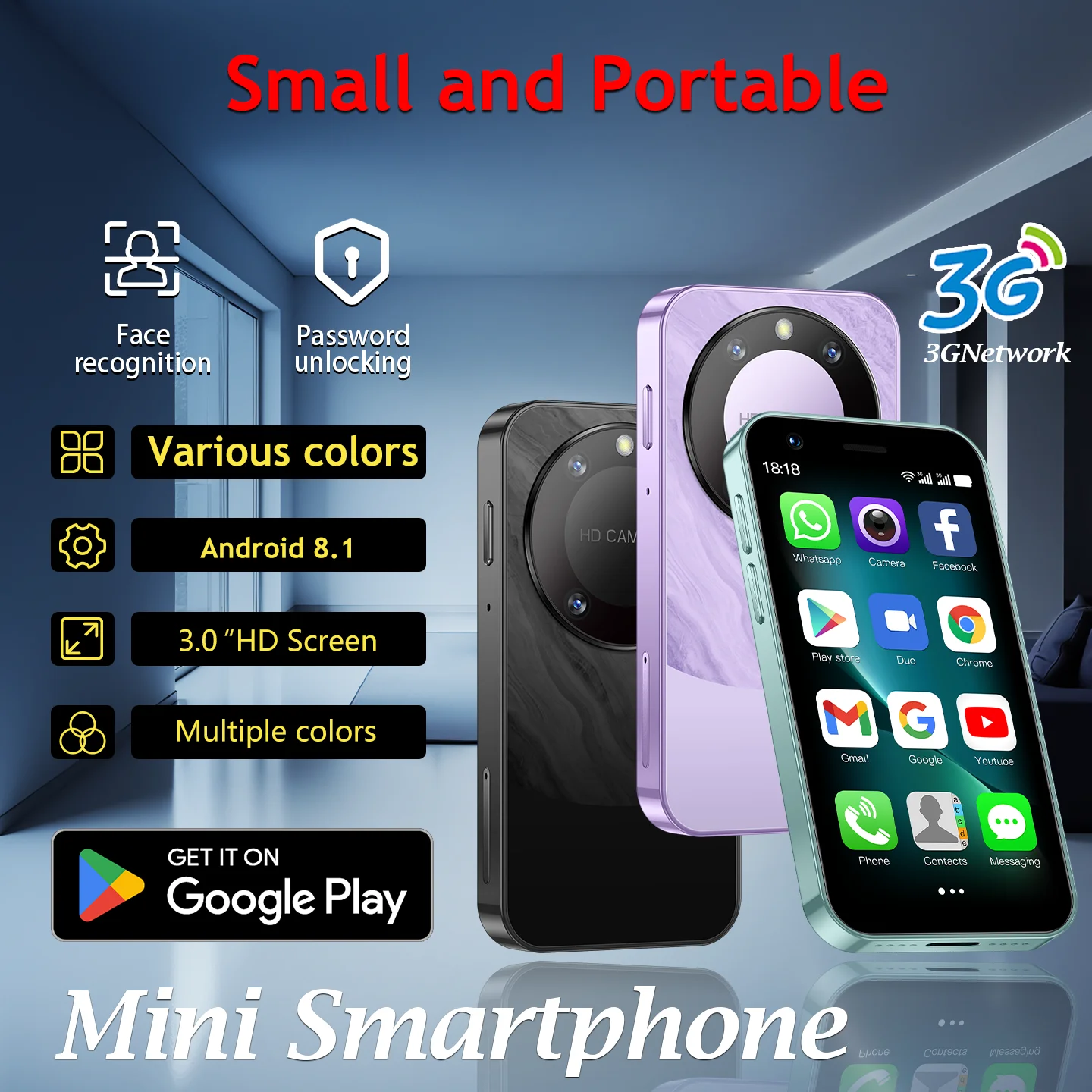 Smartphone Android Mini F8PROMAX, Dual SIM, Memori 2+16GB, Android 8.1, Konektivitas WiFi, Kompatibilitas Jaringan Penuh