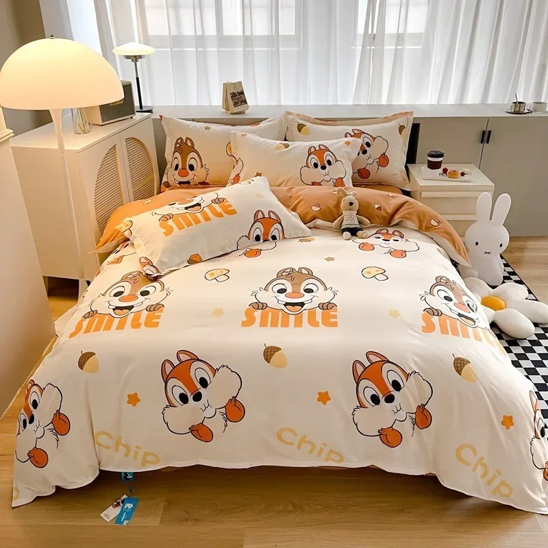 Juego de cama Disney Stitch Mickey Mouse, sábanas con estampado de dibujos animados, juego de sábanas de poliéster de 4 piezas, juego de colcha,