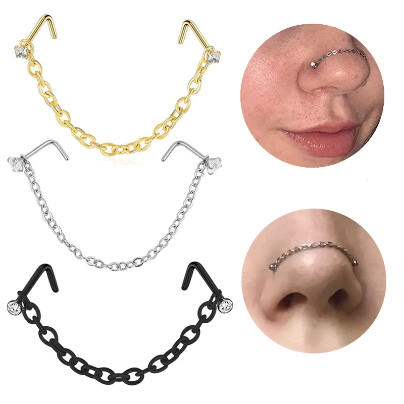 1pc Nose Ring With Chain Double Piercing Nose Stud Zircon L Shaped Stainless Steel Nostril Body Jewelry