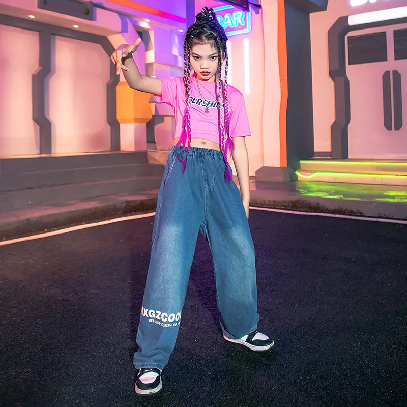 Vêtements Hip Hop pour enfants, T-shirt à manches courtes, haut court, pantalon en denim décontracté pour fille, costume de danse pour adolescent, vêtements de scène modernes, 4-16 ans