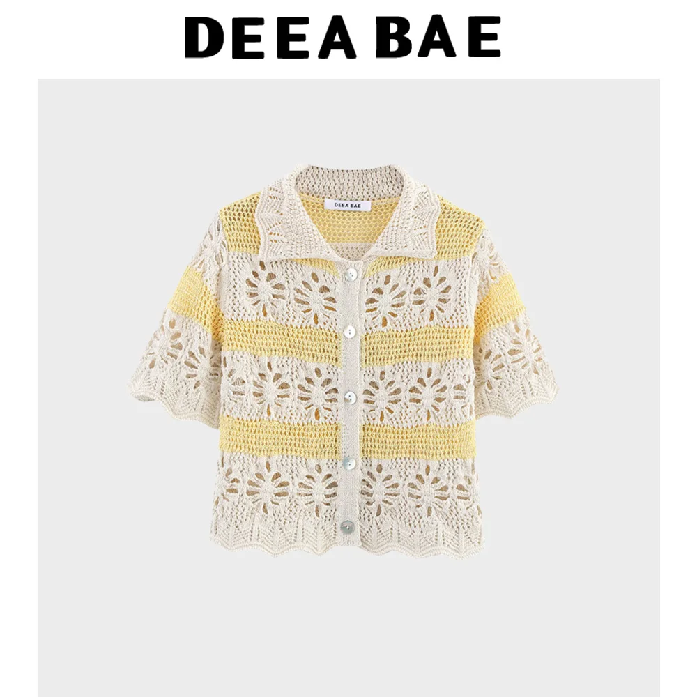 

DEEABAE Women's striped lapel with hollowed out design hook and flower single breasted knitted sweater short sleeved top