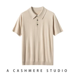 Men's POLO Shirt 85% Mulberry Silk 15% Cashmere Short Sleeve T-Shirt Summer Thin Casual Knit Pullover Cool Breathable Sweater