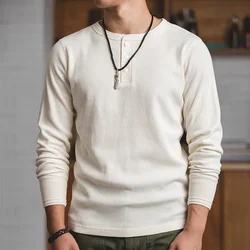 Maden Casual Heavyweight Beige Waffle Henry T-shirt Long-sleeved Pullover for Men's Spring Versatile T-shirts Basic Inner Layers