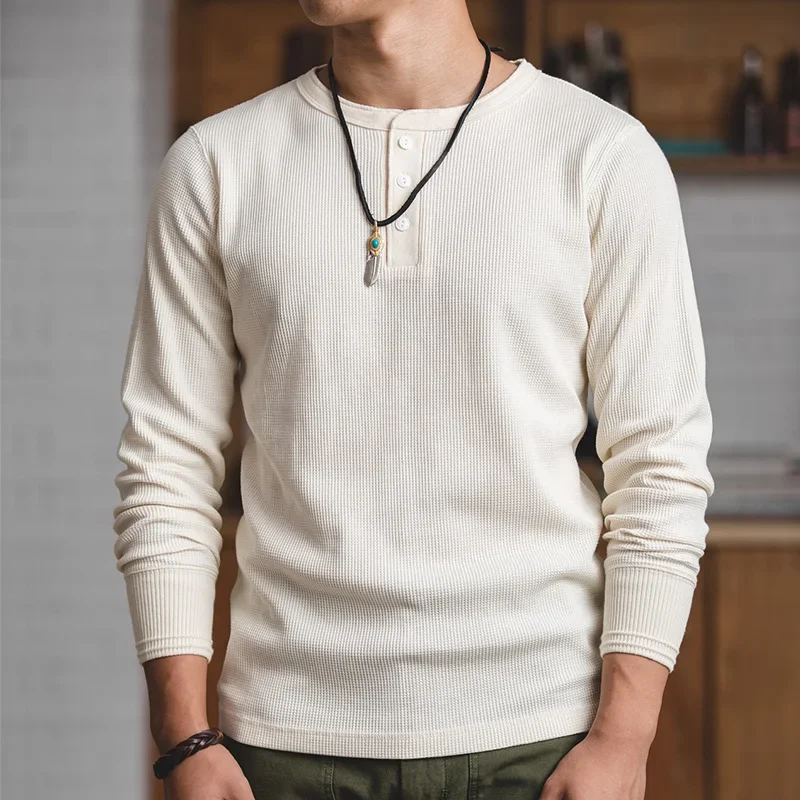 Maden Casual Heavyweight Beige Waffle Henry T-shirt Long-sleeved Pullover for Men's Spring Versatile T-shirts Basic Inner Layers