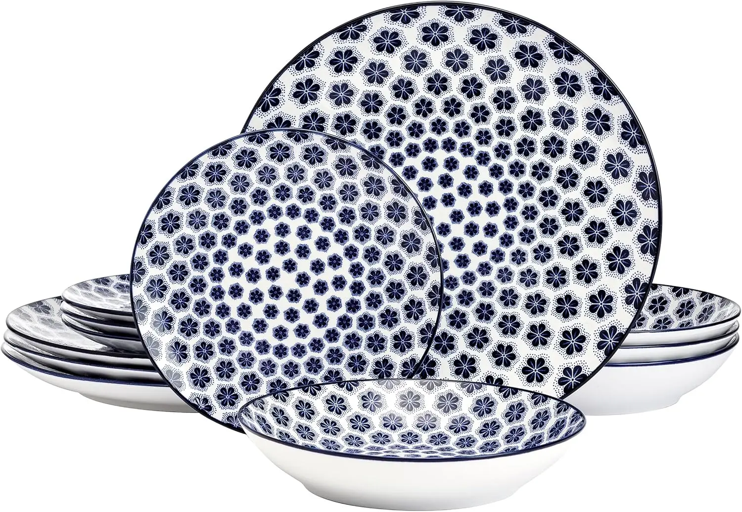 

Blooming Delight Floral 12 Piece Plates Bowls Dinnerware Set, Blue and White