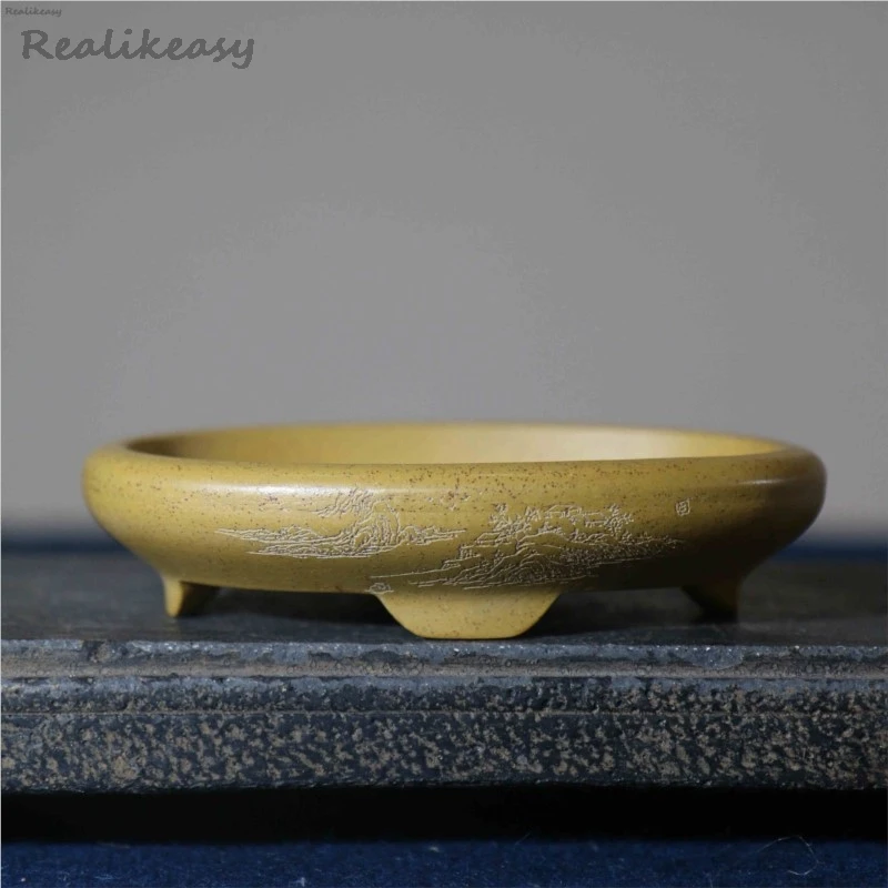 Yixing Purple Clay Oval Flower Pot Chinese Simple Handmade Bonsai Pot Home Desktop Decoration Engraved Antique Flower Pot LH840