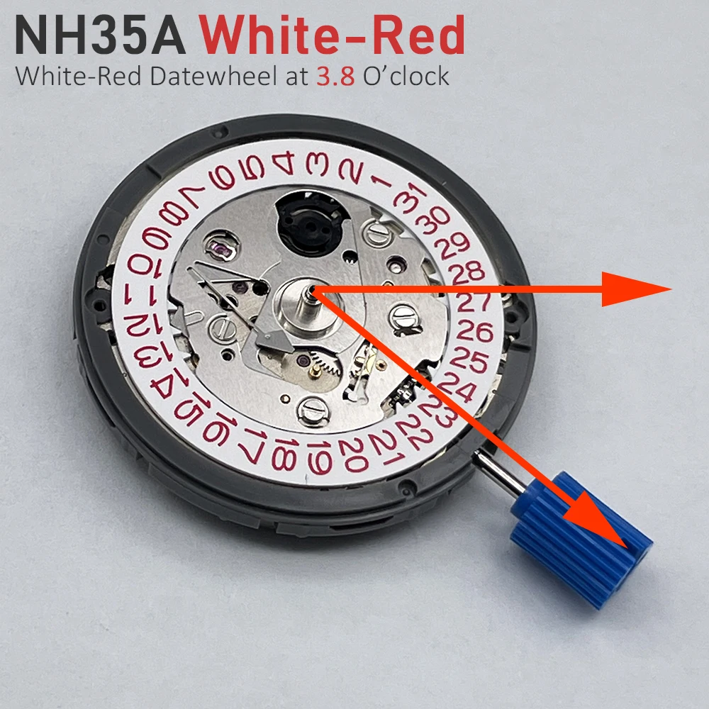 Japan Original NH35 Movement Mod White-Red Text Datewheel Crown at 3.0/3.8 Position Genuine NH35A Red Disc Version 24 Jewels