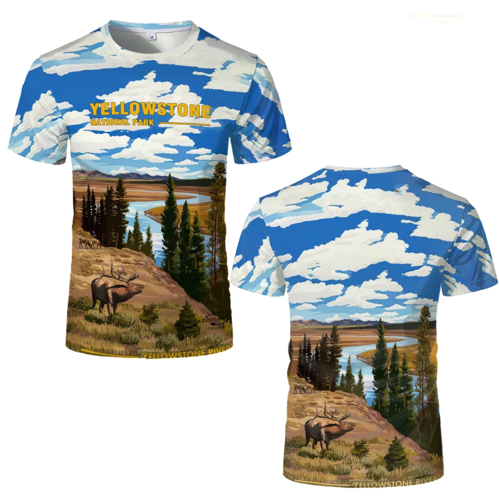 

Yellowstone National Park Men's Fashion T-Shirts Trend Landscape Elk Graphic 3D Printed T Shirt Outdoor Casual High Quality Tops