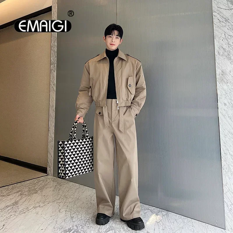 Men 2 Pieces Sets Quilted Short Cargo Jacket Pant Autumn Winter Korean Streetwear Casual Thicken Bomber Coat Trousers Suits