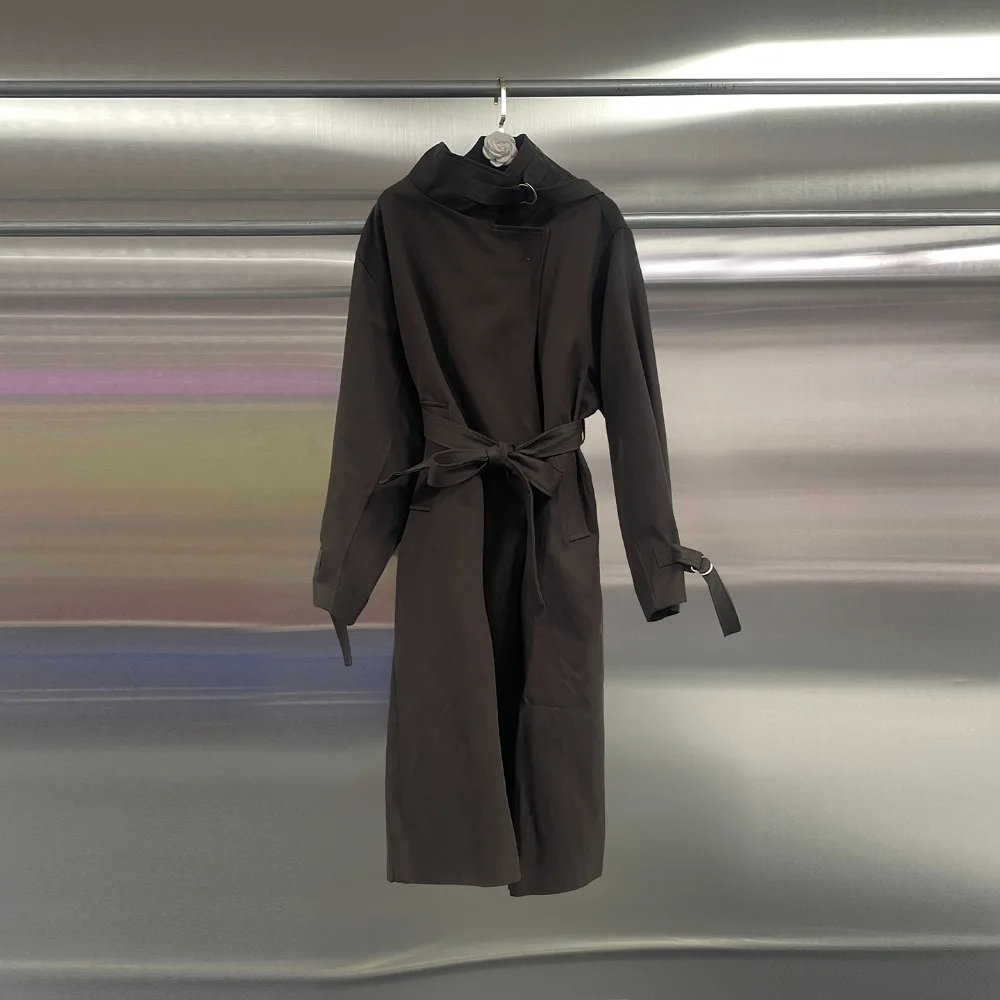 VGH Solid Patchwork Lae Up Windbreaker for Women Stand Collar Long Sleeve Slimming Basics Minimalist Style Trench Female Autumn