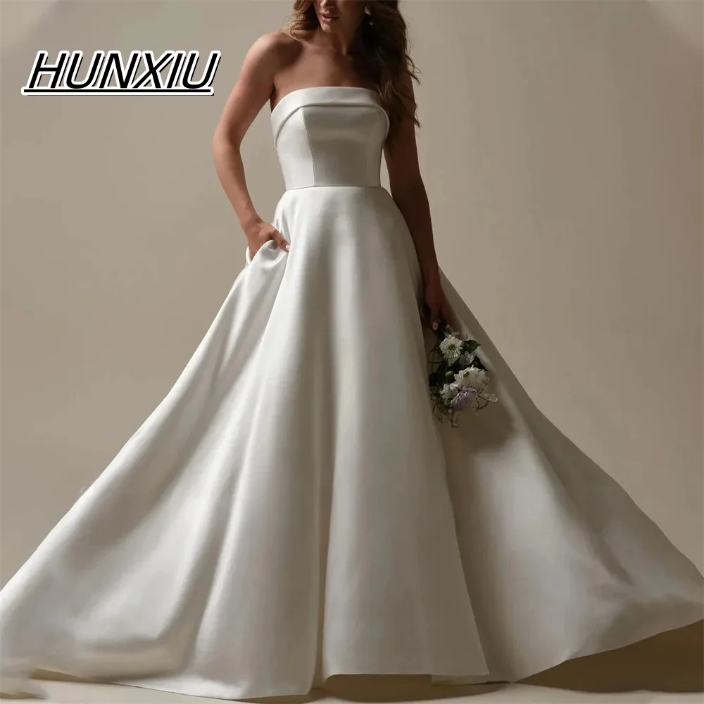 Customized Elegant Satin A Line Wedding Dress Simple Strapless Bridal Gowns For Wedding Long Pleated Bride Dresses