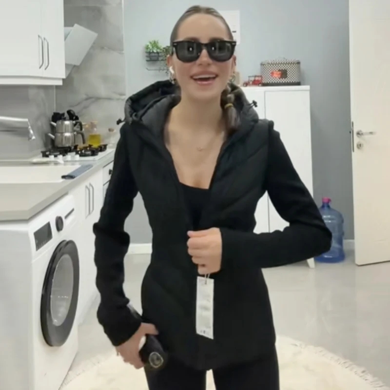 HXAO Czarna Pikowana Kurtka Damska Pół-Sezonowa Krótka Zapinana na Zamek Kurtka z Długim Rękawem Krótka Ocieplana Kurtka Slim z Kapturem Lekka i Ciepła Odzież Wierzchnia