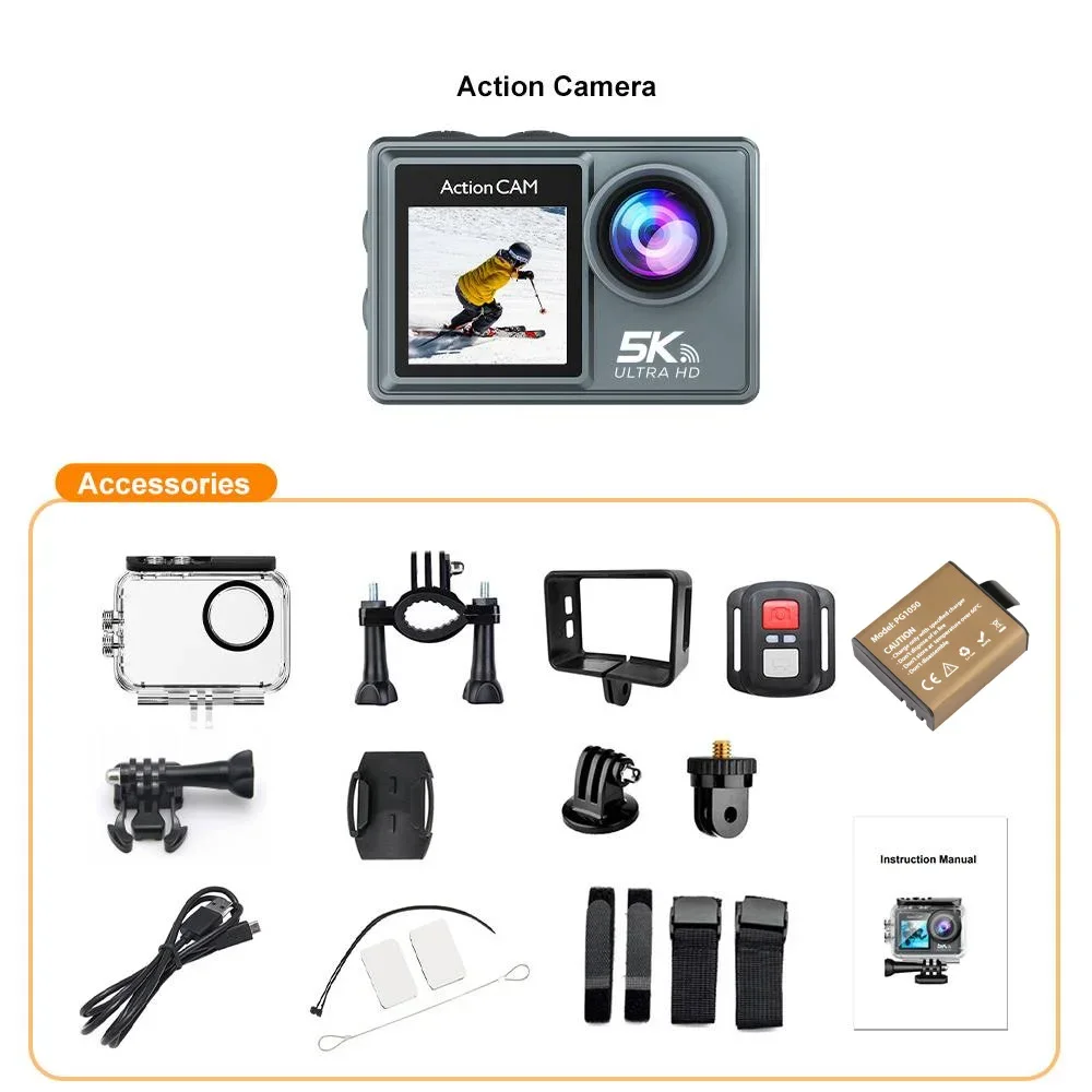 5K Action Camera 4K60FPS Dual IPS Touch LCD WiFi 170° 30M Waterproof 5X Zoom Anti-shake Sports Camera with Remote Control Hot