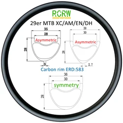 29er MTB XC AM EN DH 35/36/38mm Wide Carbon Rim 28mm Deep Asymmetric / symmetry UD 3K 12K 24 28 32 36Hole Tapeless or Outer Hole