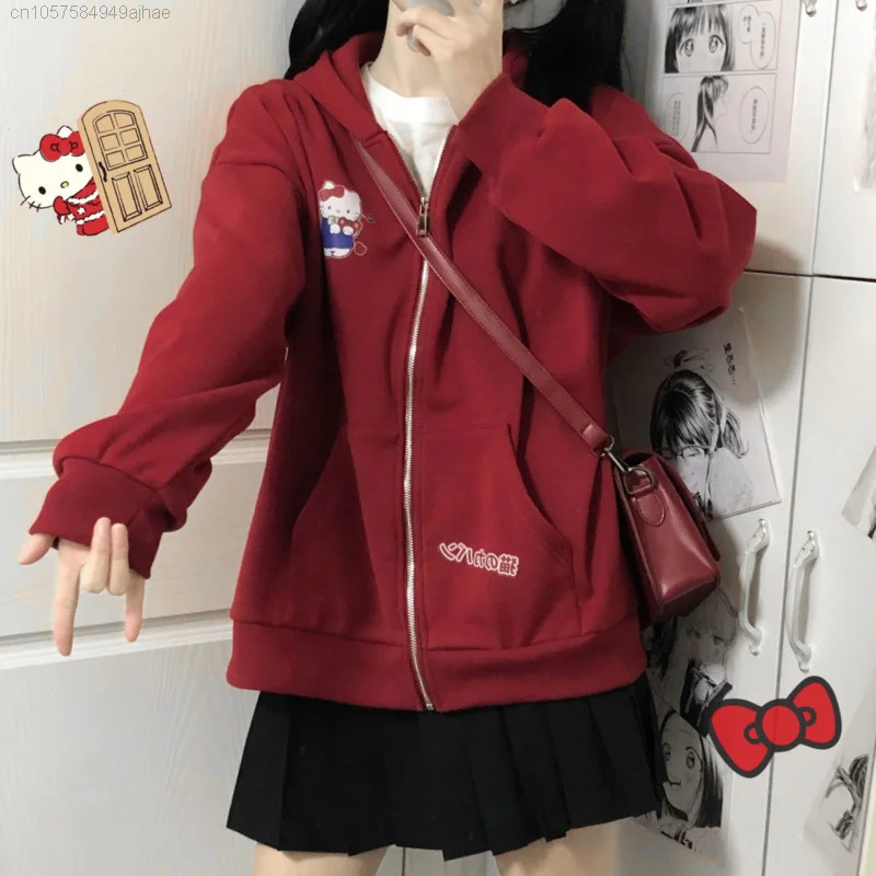 Sanrio Spring Trendy Clothes Hello Kitty Red Thin Coat Women Hoodies Long Sleeve Cardigan Y2k Tops College Zip-up Sweatshirts