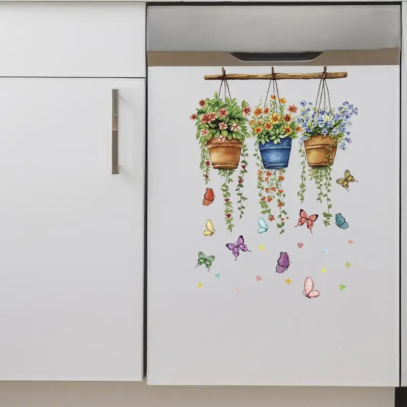 Hanging Potted Flowers Butterfly Wall Sticker Removable Decal For Home Bedroom Living Room Wall Decor