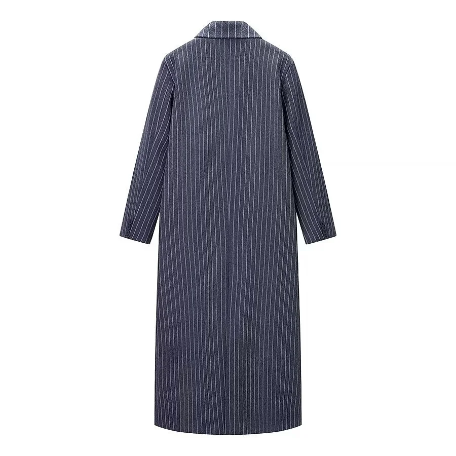Vintage Gestreiften Revers Lange Blazer Jacken Frauen Chic Schulter Pad Taste Tasche Lose Mantel Herbst Pendeln Straße Tragen 2025 – Detail 5