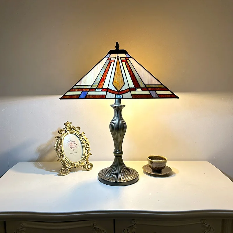 LongHuiJing 16-Inch Tiffany-Style Dome AC E26 Table Lamp Colorful Geometric Stained Glass Design Square Accent Lamp for Home
