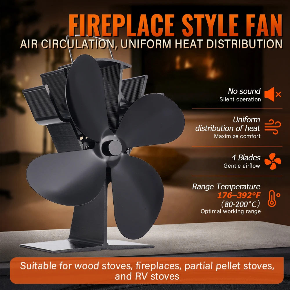 4 Blade Heat Powered Stove Fan Black Fireplace Fan komin Log Wood Burner Eco Friendly Quiet Fan Home Efficient Heat Distribution