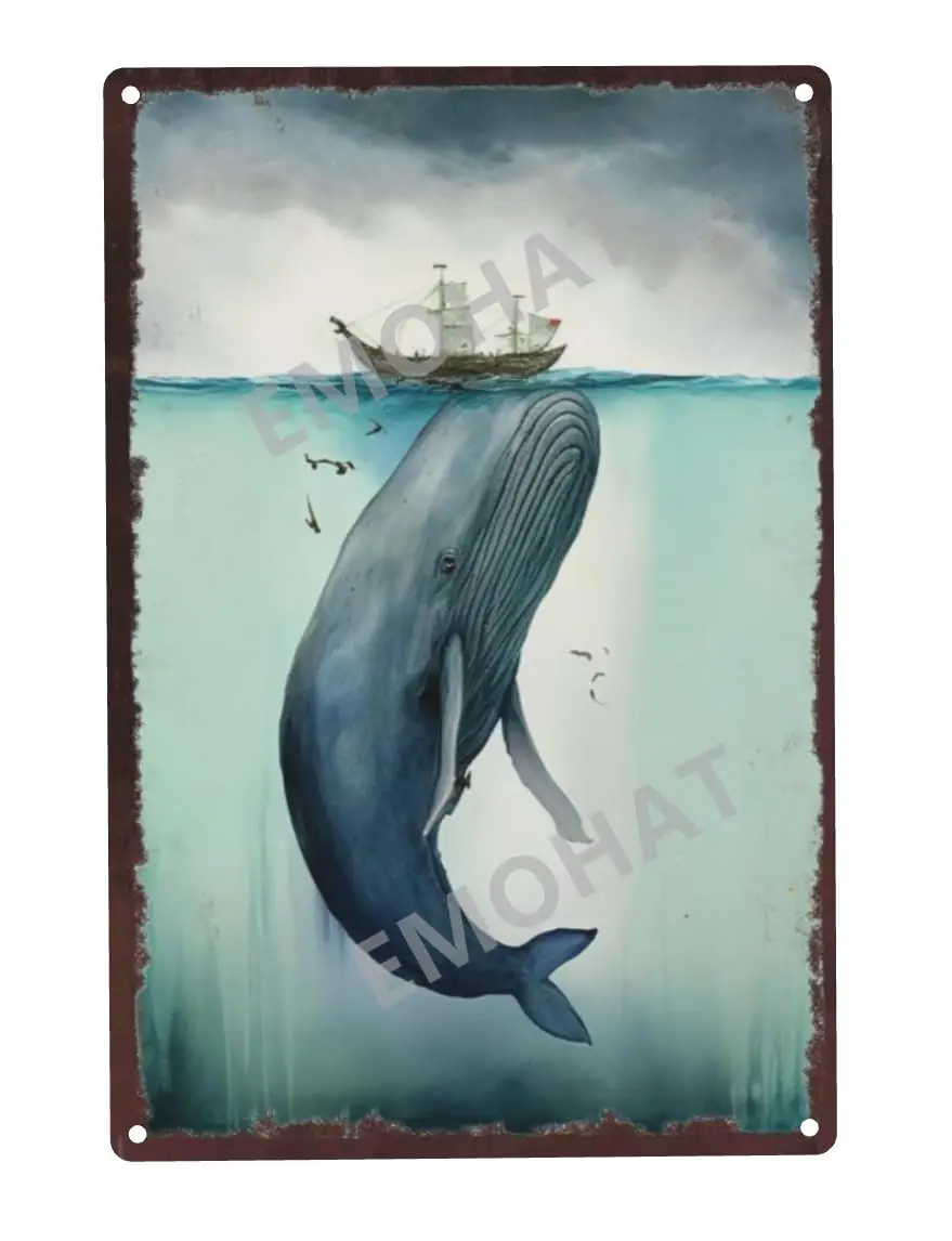 Vintage Whale Metal Tin Sign Ocean Life Wall Decorations Humpback Whale Wall Art Below Boat Poster for Home Bar Cafe Farm Store