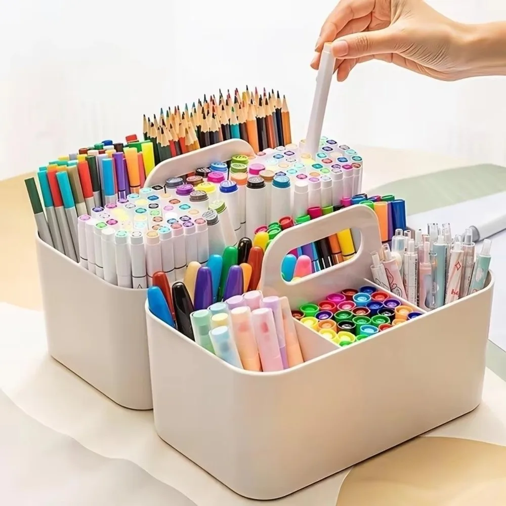 Split Compartments Pen Organizer Portable with Handle Cosmetic Organizer Waterproof Modern Minimalist Desk Storage Basket