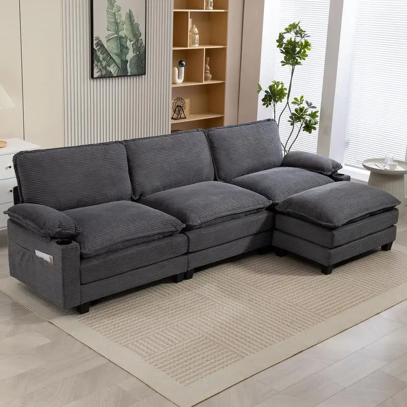 Modern L-Shaped 3+1 Corduroy Sofa, Modular Sectional Couch with Ottoman, High-Res Sponge & Thick Cushions, Cup Holders &