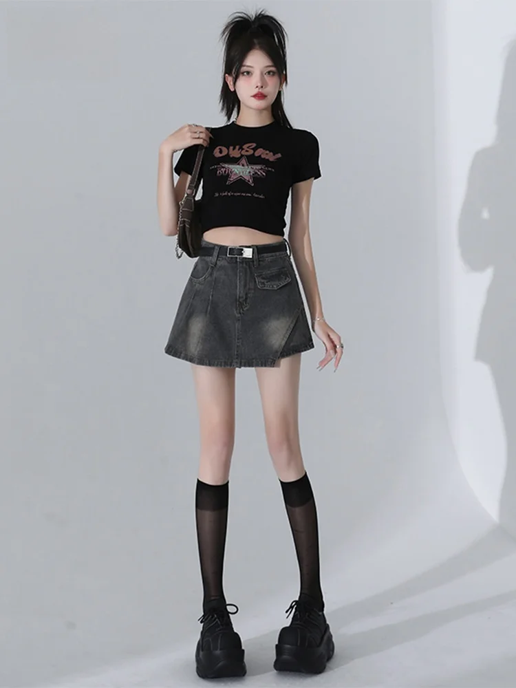 

High Waist Denim Skirt Women Summer New Style Prevent Exposure Slimming Sexy Pleated A-Line Short Skirt Pants