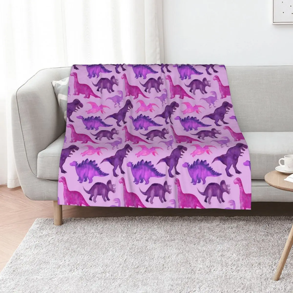 

Pink and Purple Watercolor Dinosaurs on Purple Throw Blanket Decorative Sofas Loose Weighted for babies Blankets
