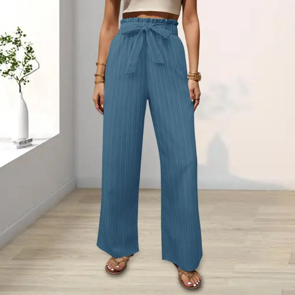 Pantalones informales elegantes para mujer, pantalones de pierna ancha con cintura elástica, detalle de cordones, ajuste suelto para ropa de calle informal o de vestir